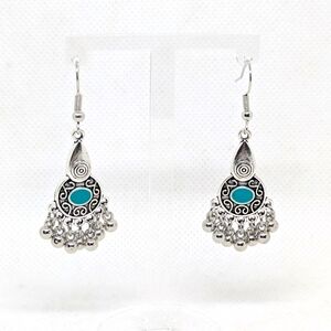 NEW Gypsy Dangle Earrings Silver Tone Faux Turquoise 2" Drop Bohemian Festival